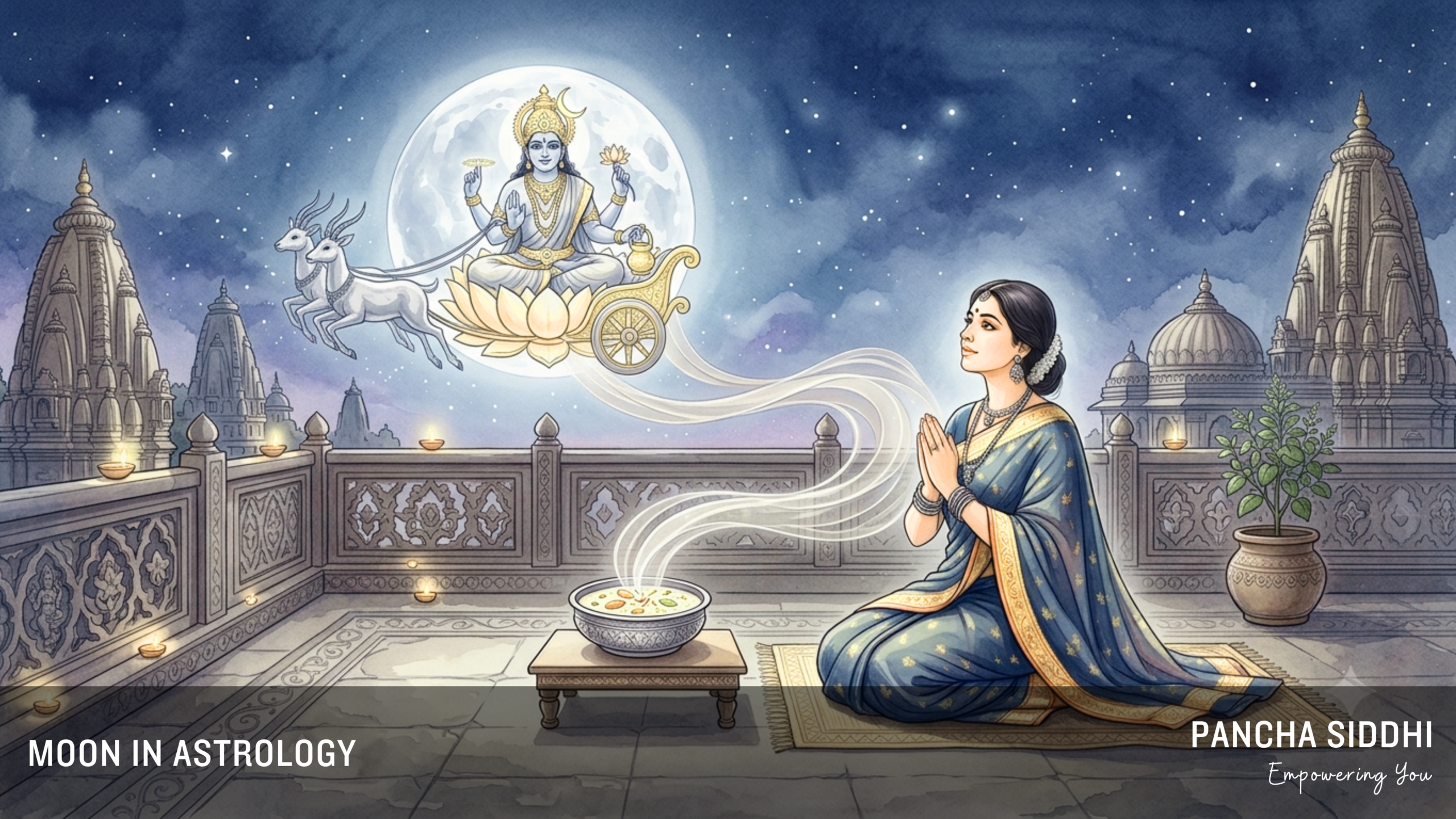 Moon in Vedic Astrology A women praying to Chandra Dev on Sharad Purnima with Kheer