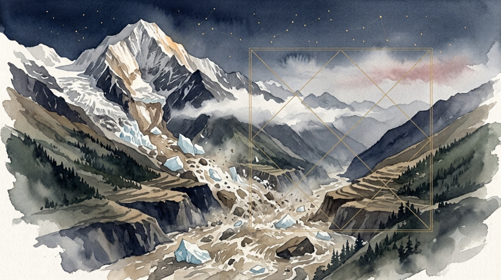 illustration of the Langtang Himalayan valley with a faint Vedic astrology chart overlay, featured image for the Nepal flash flood 2026 astrology research study